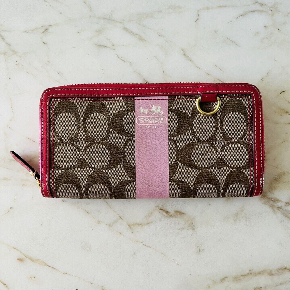 COACH Heritage Khaki Pink Stripe Accordion Zip Wallet In Signature Canvas
